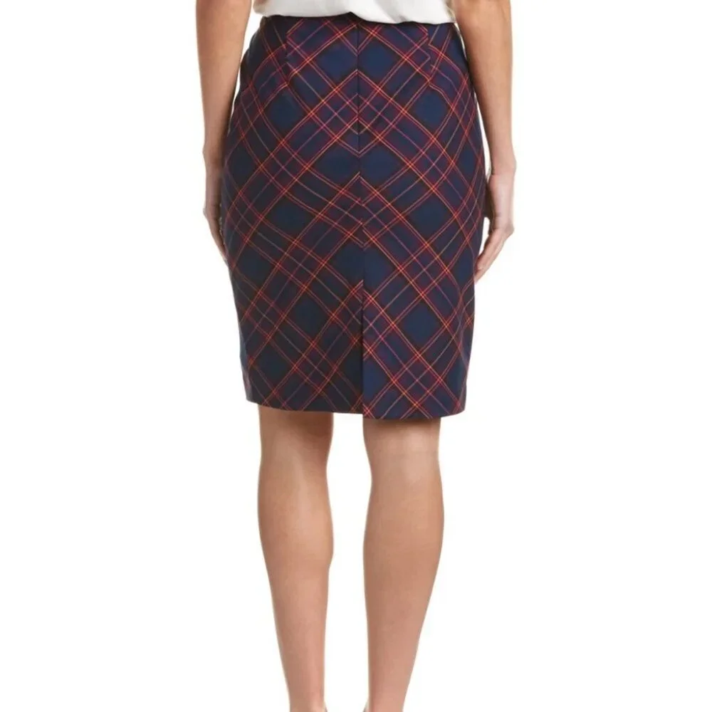 Trina Turk Size 12 Crissy Tartan Plaid Pencil Skirt Navy Blue, Pink & Orange